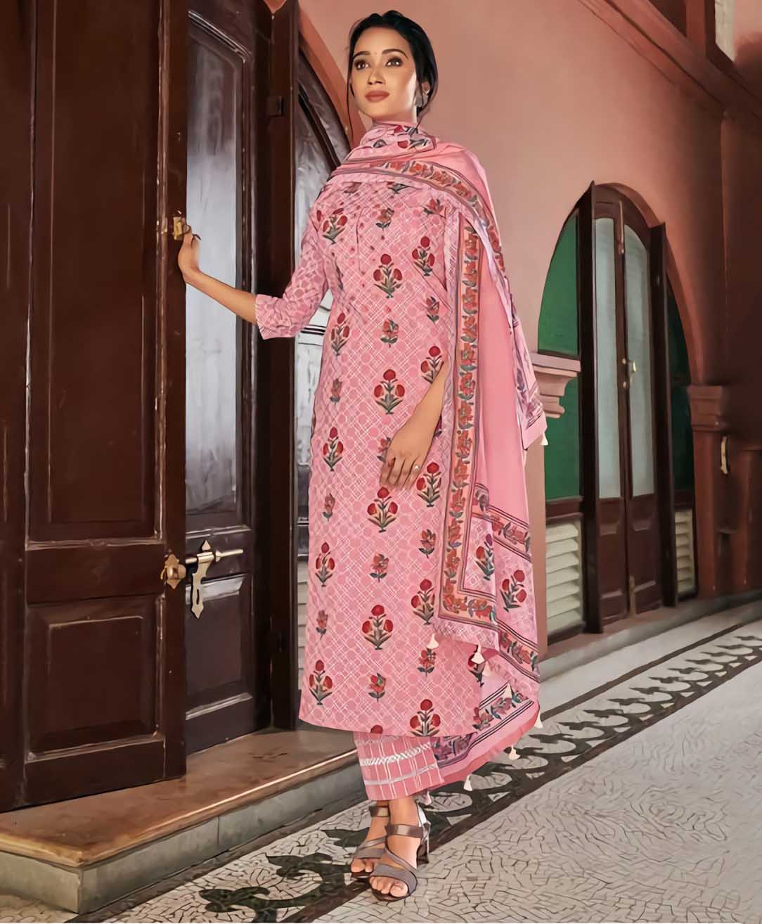 Pure Cotton Unstitched Pink Salwar Kameez Suit Set With Khadi Print - Stilento