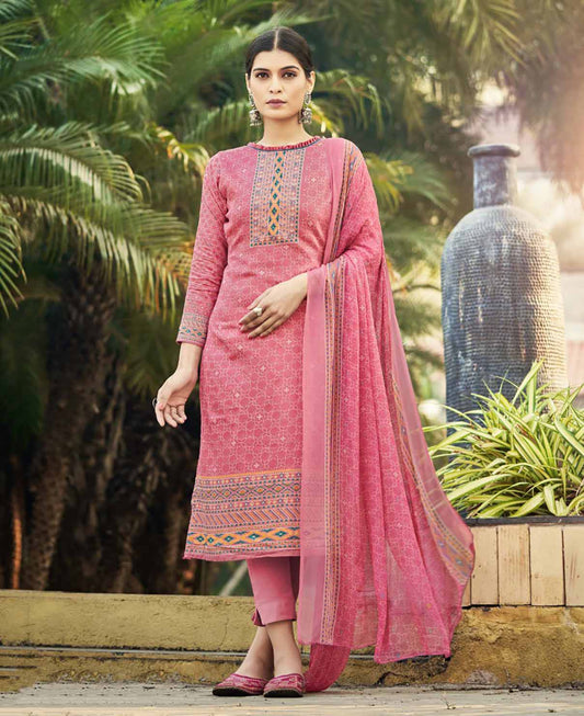 Pure Cotton Unstitched Pink Salwar Suits Material With Chiffon Dupatta
