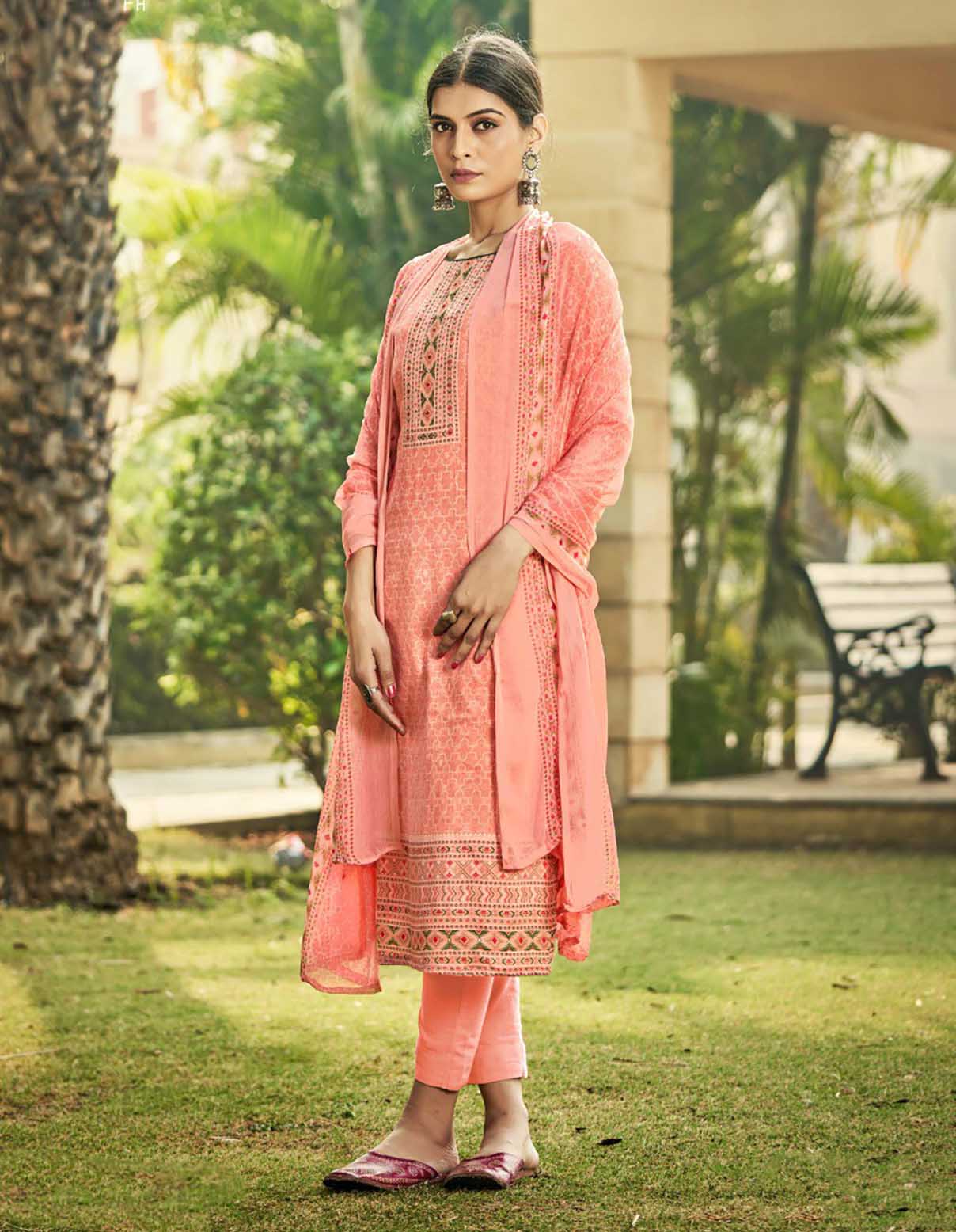 Pure Cotton Unstitched Pink Salwar Suits Material With Chiffon Dupatta - Stilento