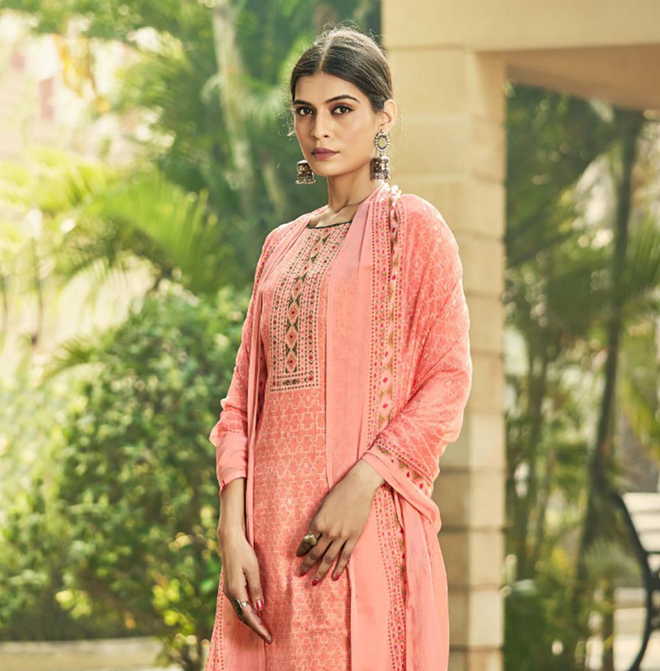 Pure Cotton Unstitched Pink Salwar Suits Material With Chiffon Dupatta - Stilento