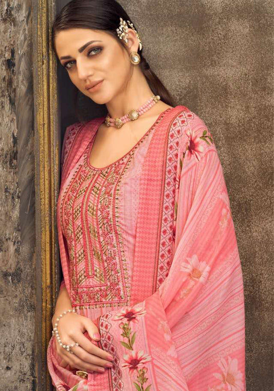 Pure Cotton Unstitched Pink Suit Set Dress Material With Embroidery