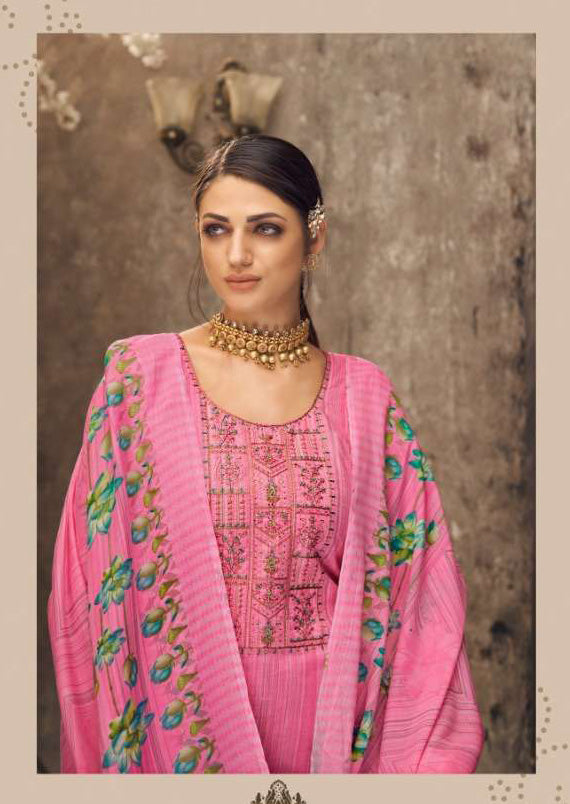 Pure Cotton Unstitched Pink Suit Set Dress Material With Embroidery - Stilento