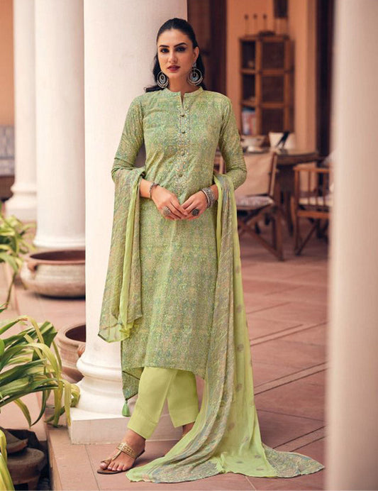 Pure Cotton Unstitched Suit With Green Chiffon Dupatta
