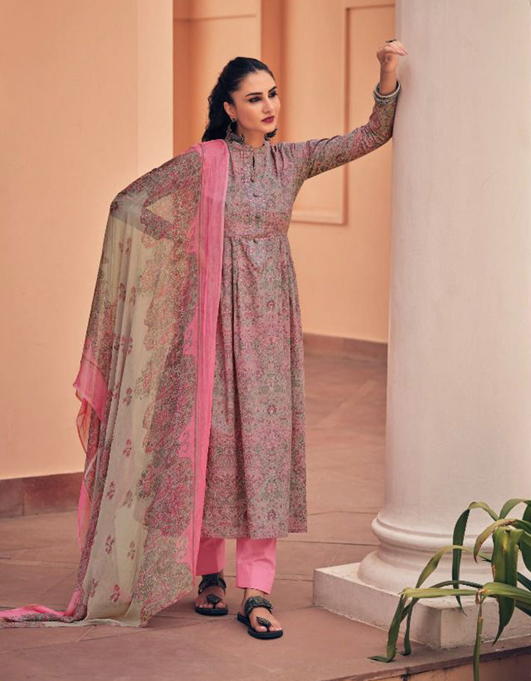 Pure Cotton Unstitched Suit With Pink Chiffon Dupatta - Stilento