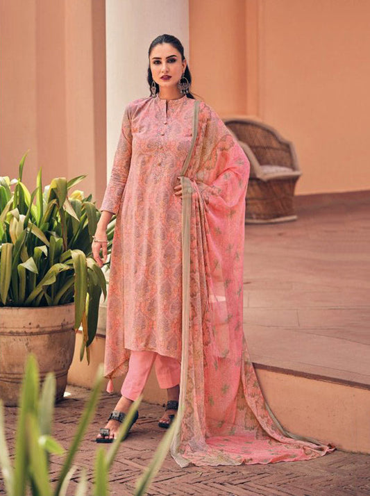Pure Cotton Unstitched Suit With Pink Chiffon Dupatta