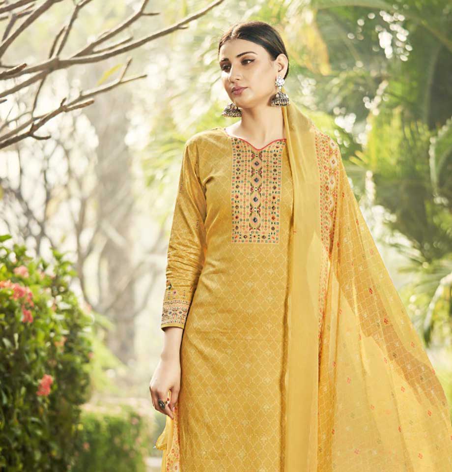 Pure Cotton Unstitched Yellow Salwar Suits Material With Chiffon Dupatta - Stilento