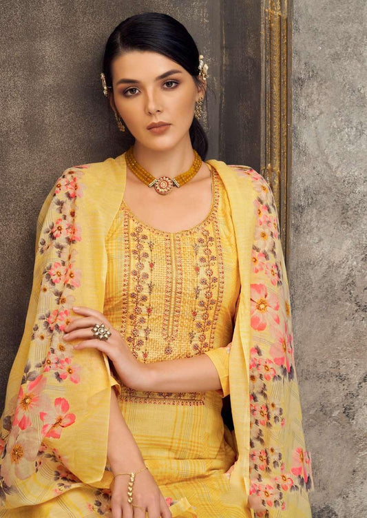 Pure Cotton Unstitched Yellow Suit Set Dress Material With Embroidery