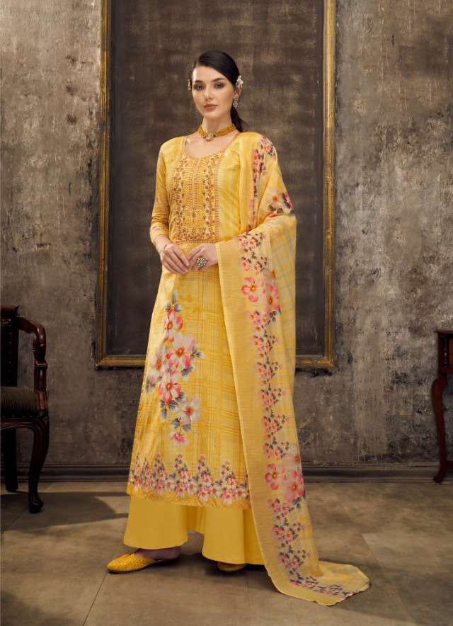 Pure Cotton Unstitched Yellow Suit Set Dress Material With Embroidery - Stilento