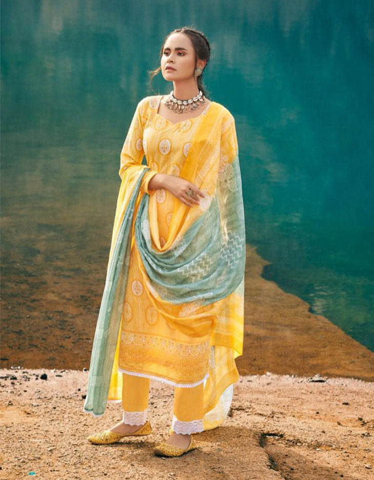 Pure Cotton Yellow Unstitched Printed Suit Material - Stilento