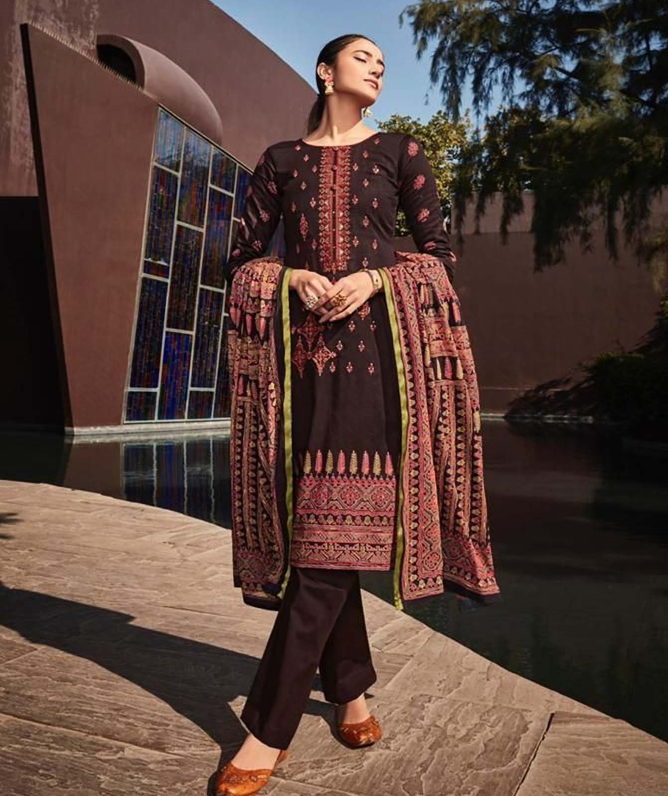 Pure Jam Satin Unstitched Brown Salwar Suits Set with Embroidery - Stilento