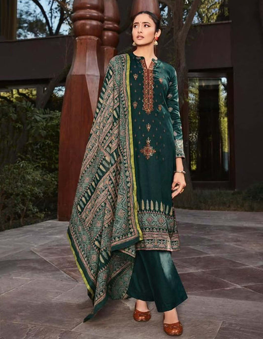 Pure Cotton Satin Unstitched Green Women Salwar Suit Material