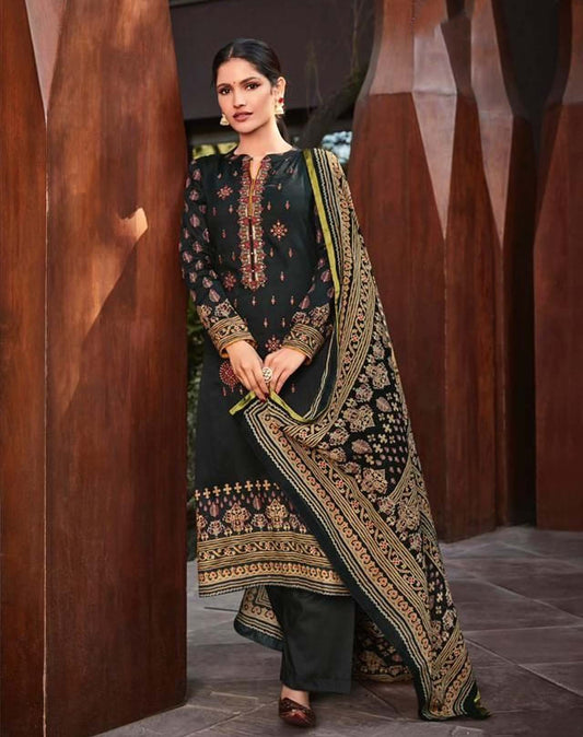 Pure Cotton Satin Unstitched Black Salwar Suits Material with Embroidery