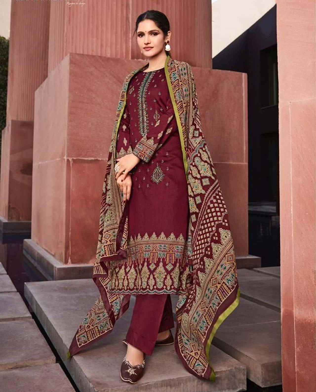 Pure Jam Satin Unstitched Maroon Salwar Suits Set with Embroidery - Stilento