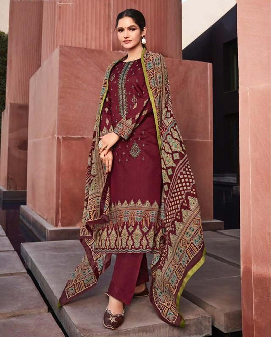 Pure Cotton Satin Unstitched Maroon Women Salwar Suit Material