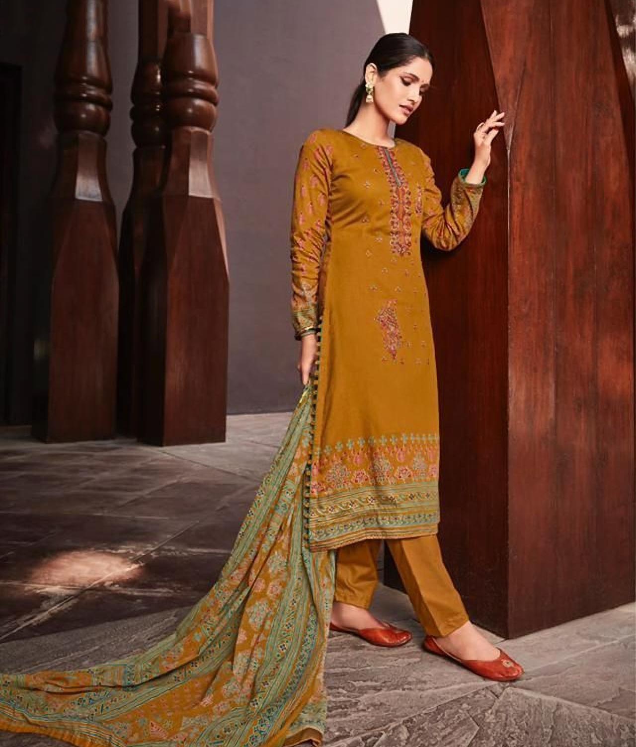 Pure Jam Satin Unstitched Yellow Salwar Suits Set with Embroidery - Stilento