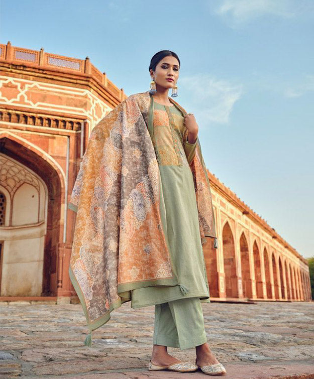Women's Pure Lawn Cotton Green Unstitched Salwar Suit Fabric