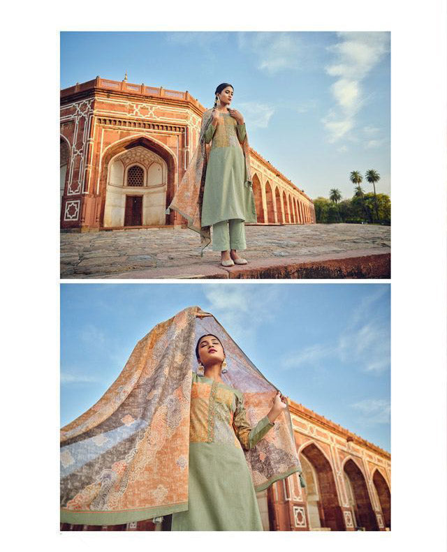 Women's Pure Lawn Cotton Green Unstitched Salwar Suit Fabric