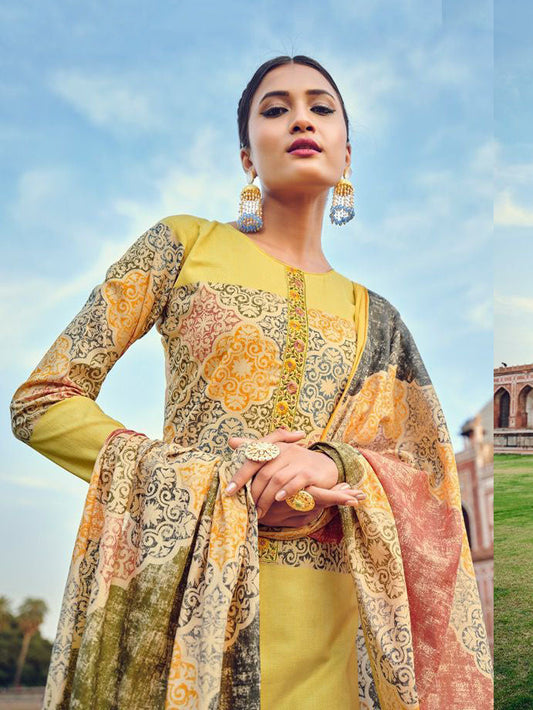 Pure Lawn Cotton Yellow Unstitched Party Wear Salwar Suits