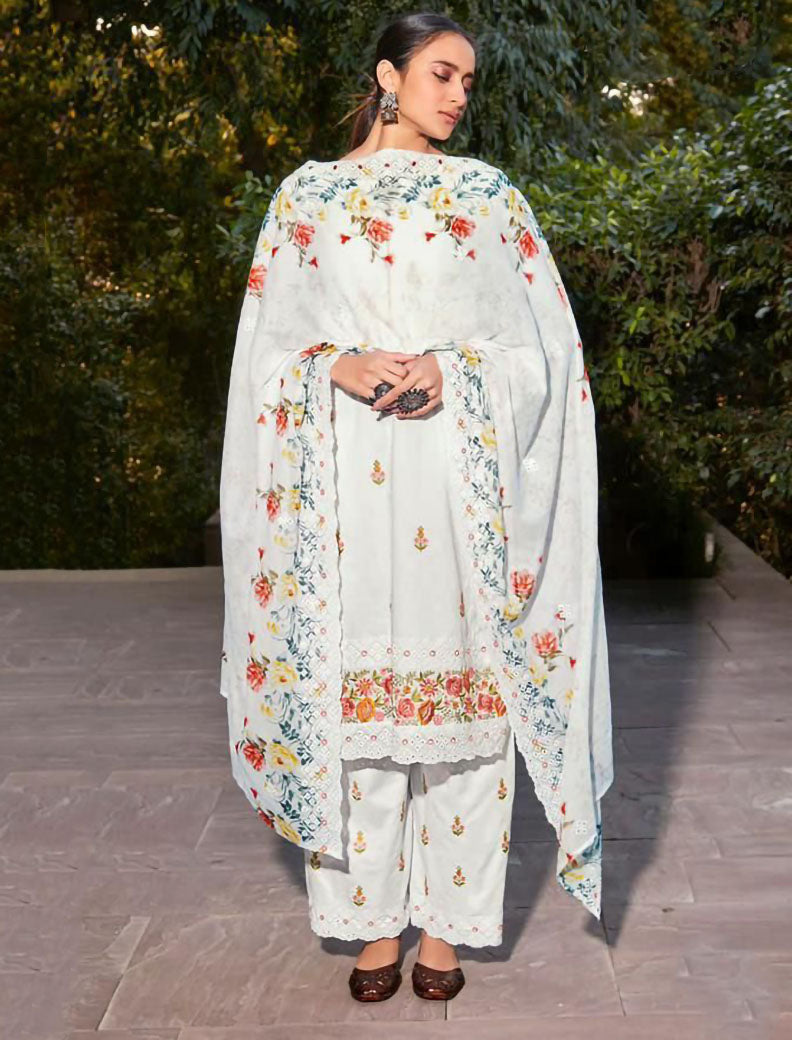 Pure Lawn With Embroidery Unstitched White Suit Material - Stilento