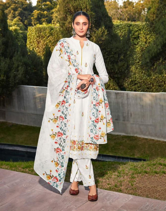 Mumtaz Arts Unstitched Pure Lawn White Salwar Suit