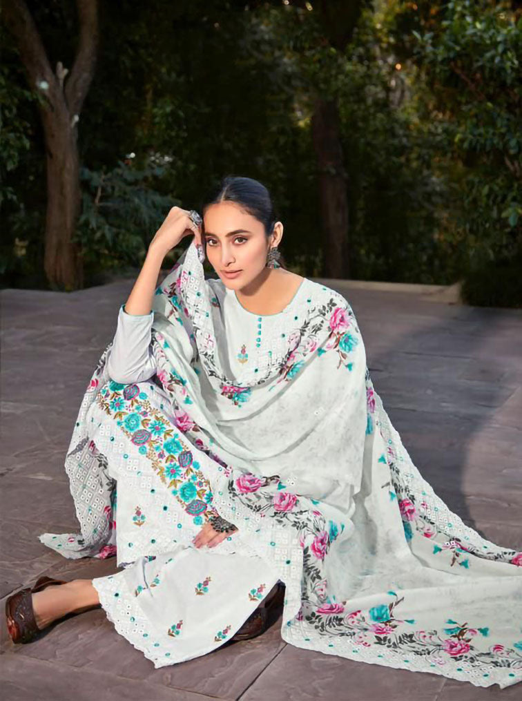 Pure Lawn With Embroidery Unstitched White Suit Material - Stilento