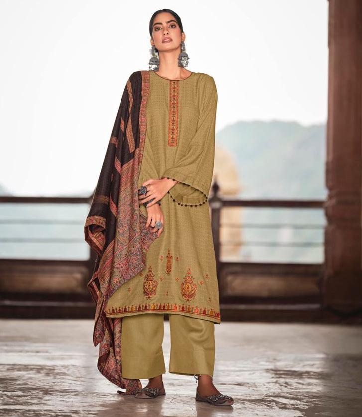Pure Pashmina Beige Unstitched Winter Suit Set With Printed Shawl - Stilento