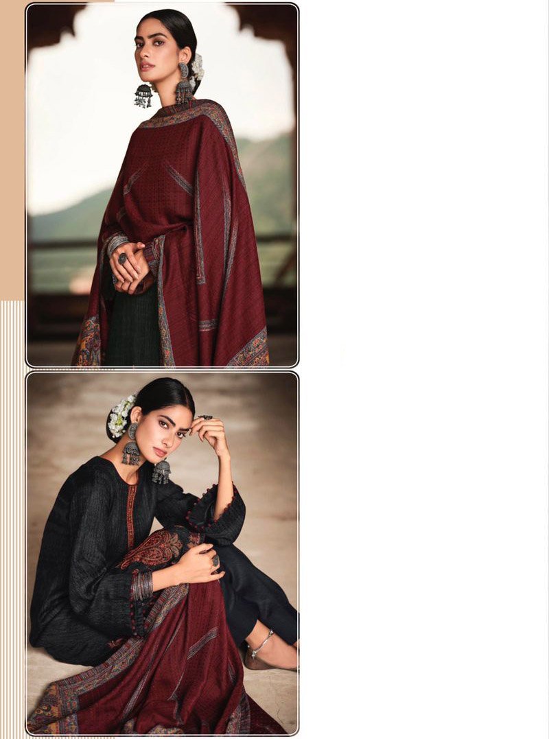 Pure Pashmina Black Unstitched Winter Suit Set With Printed Shawl - Stilento