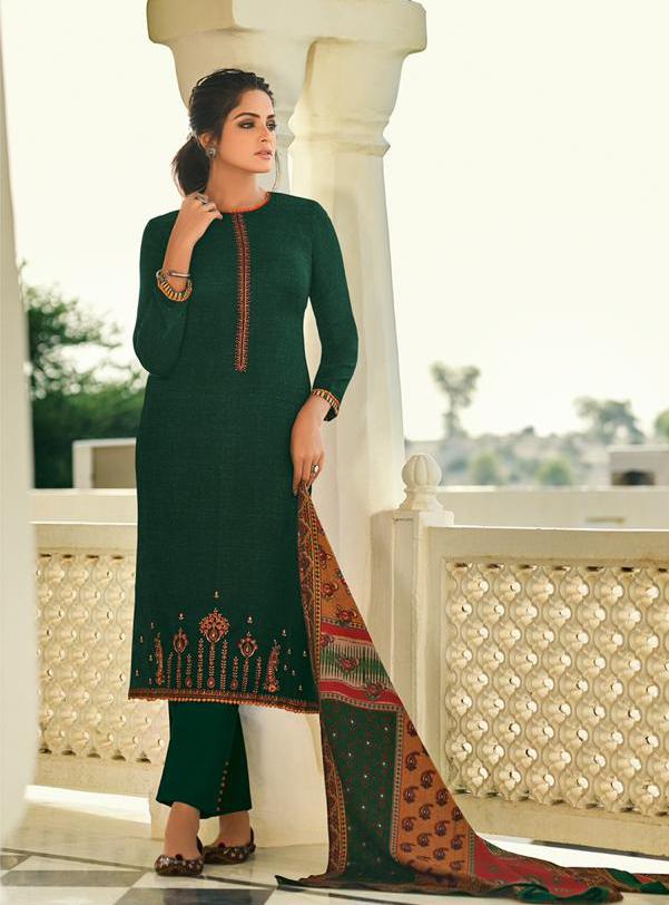 Pure Pashmina Green salwar suit Dress Material for Woman with Embroidery - Stilento