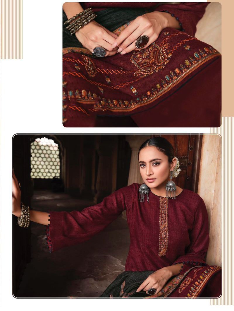 Pure Pashmina Maroon Unstitched Winter Suit Set With Printed Shawl - Stilento