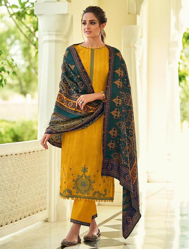 Pure Pashmina Yellow salwar suit Dress Material for Woman with Embroidery - Stilento