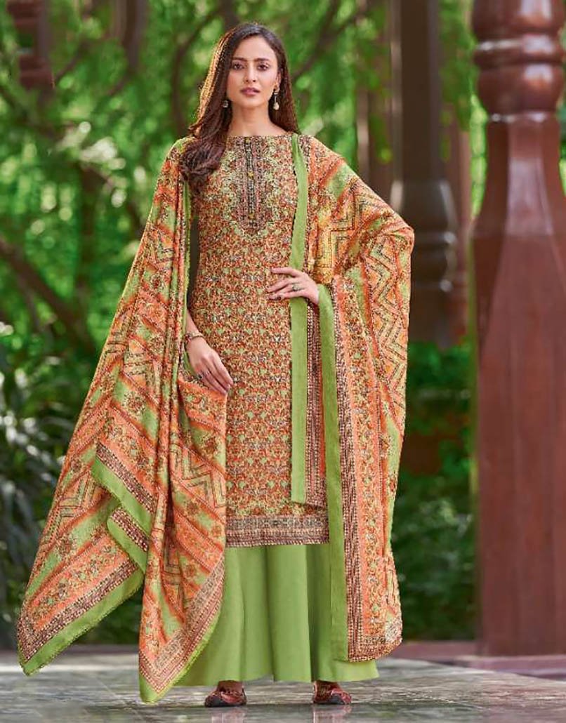 Pure Wool Pashmina Green Winter Unstitched Suits with Shawl - Stilento