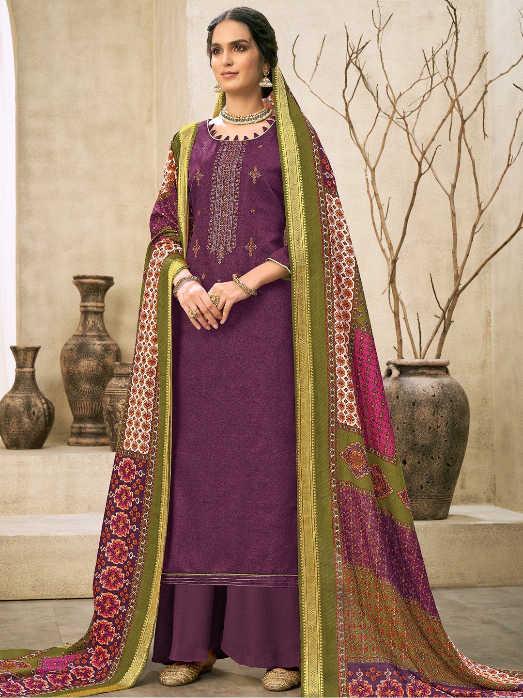 Purple Cotton Embroidered Un-Stitched Palazzo Suit Set - Stilento
