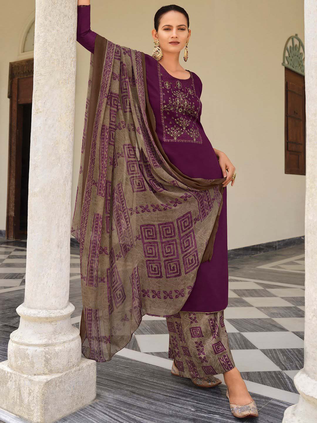 Pure Jam Cotton Unstitched Purple Suit Material with Heavy Embroidery