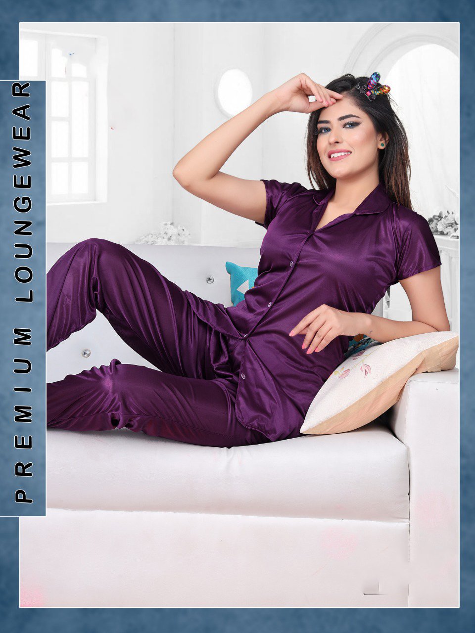 Purple Night Dress Satin Pyjama Set For Ladies - Stilento