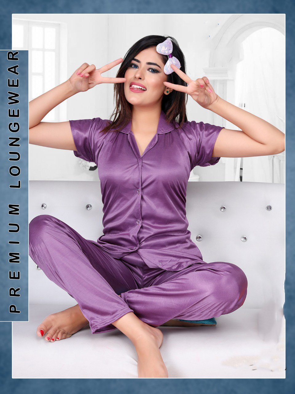 Purple Satin Night Suit Wear Set for Ladies - Stilento