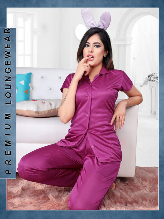 Purple Satin Night Suit Wear Set for Women - Stilento