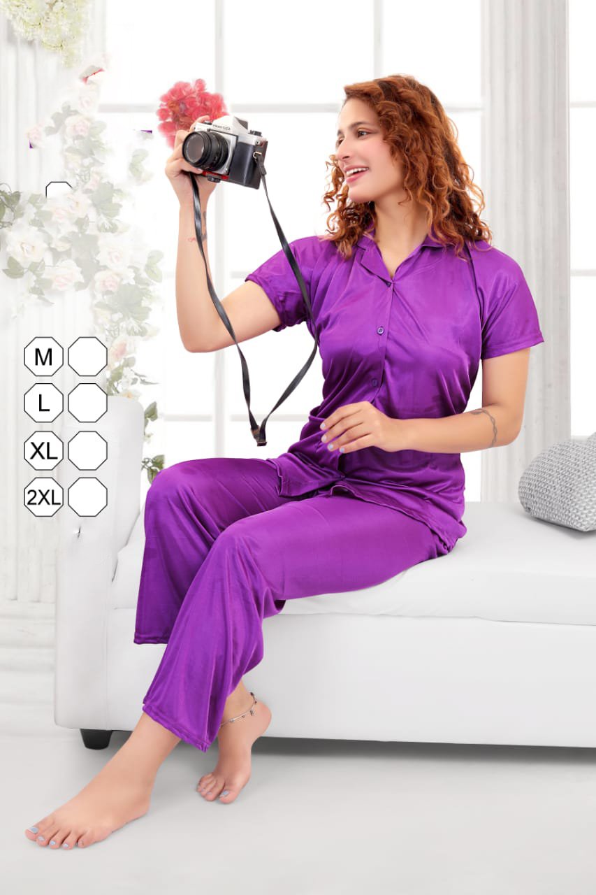 Purple satin night suits Combo Set for Ladies - Stilento