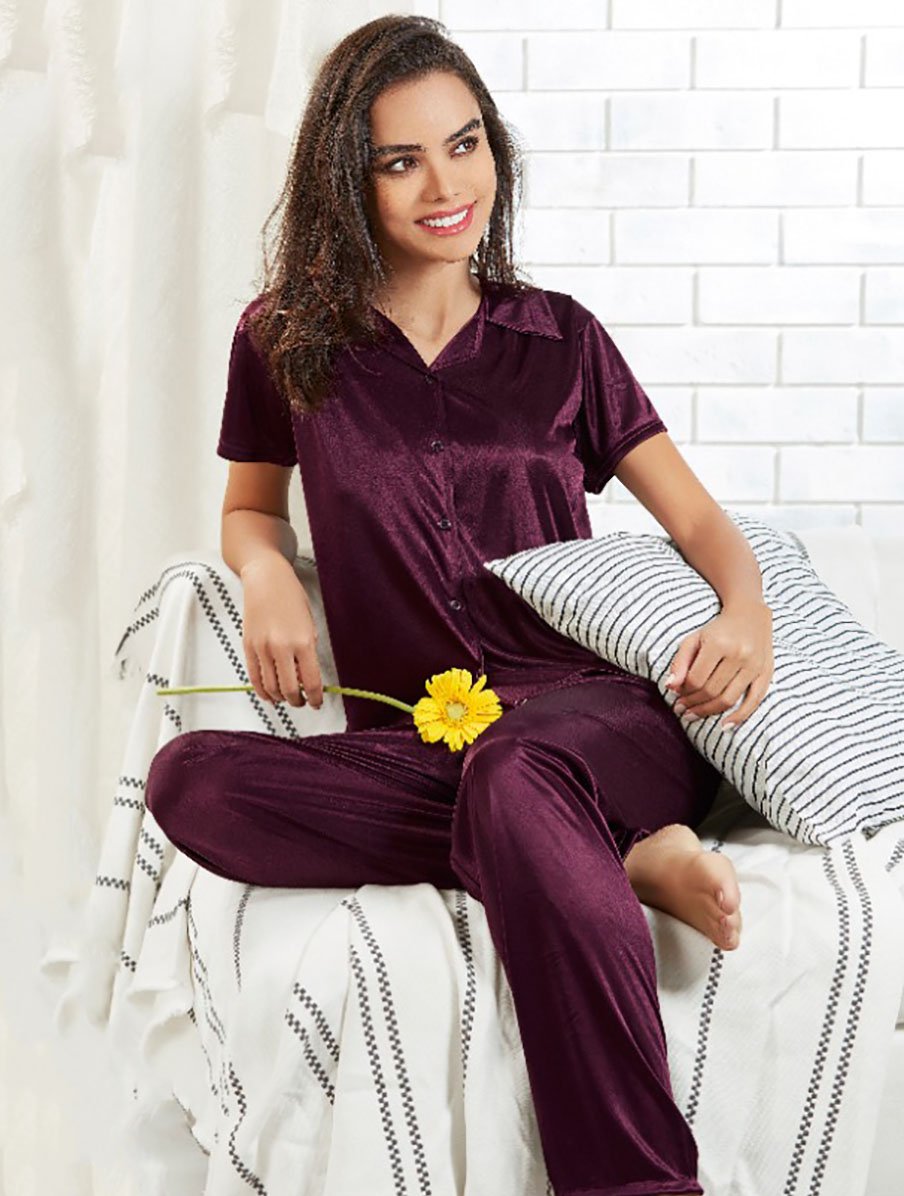 Purple Satin Night suits Pajamas Set for Ladies - Stilento