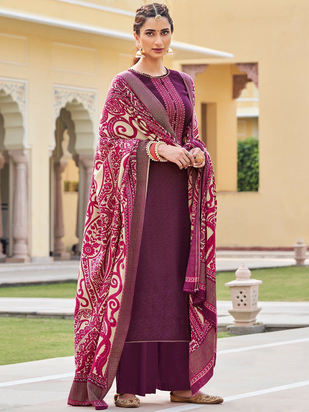 Purple UnStitched Faux Pashmina Suit with Dupatta for Ladies - Stilento