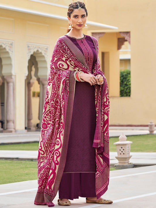Purple UnStitched Faux Pashmina Suit with Dupatta for Ladies