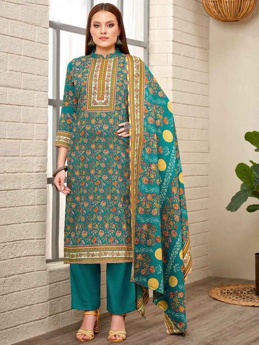 Blue Printed Spun Pashmina Unstitched Winter Suit