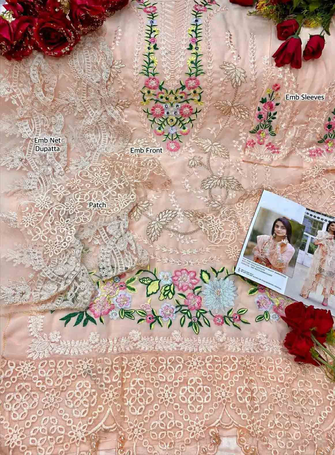 Faux Georgette Pakistani Style Unstitched Peach Suits With Net Dupatta - Stilento