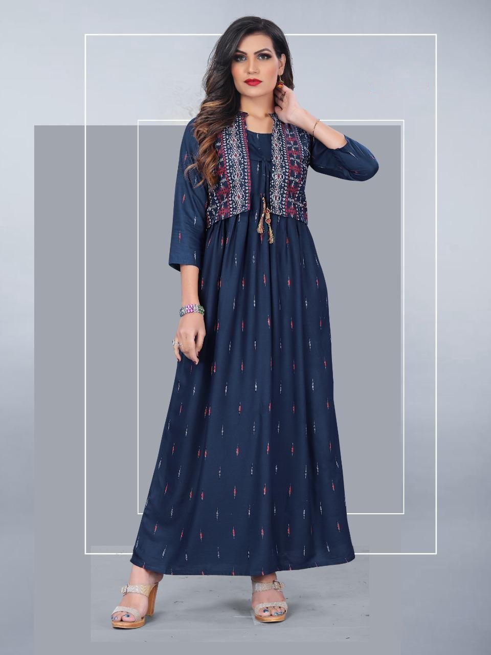 Rayon Blue Women's Kurtis With Koti Set