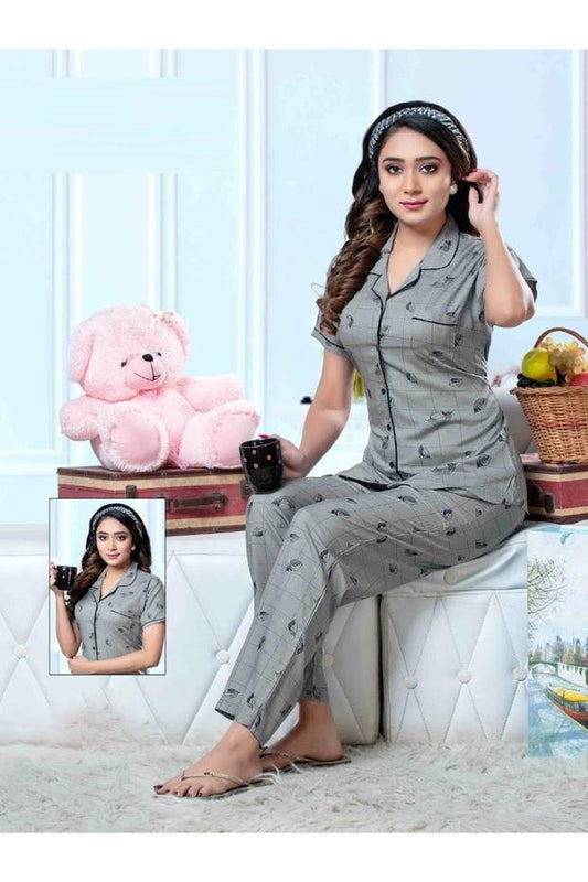 Rayon Collar Women Grey Night Suit - Stilento