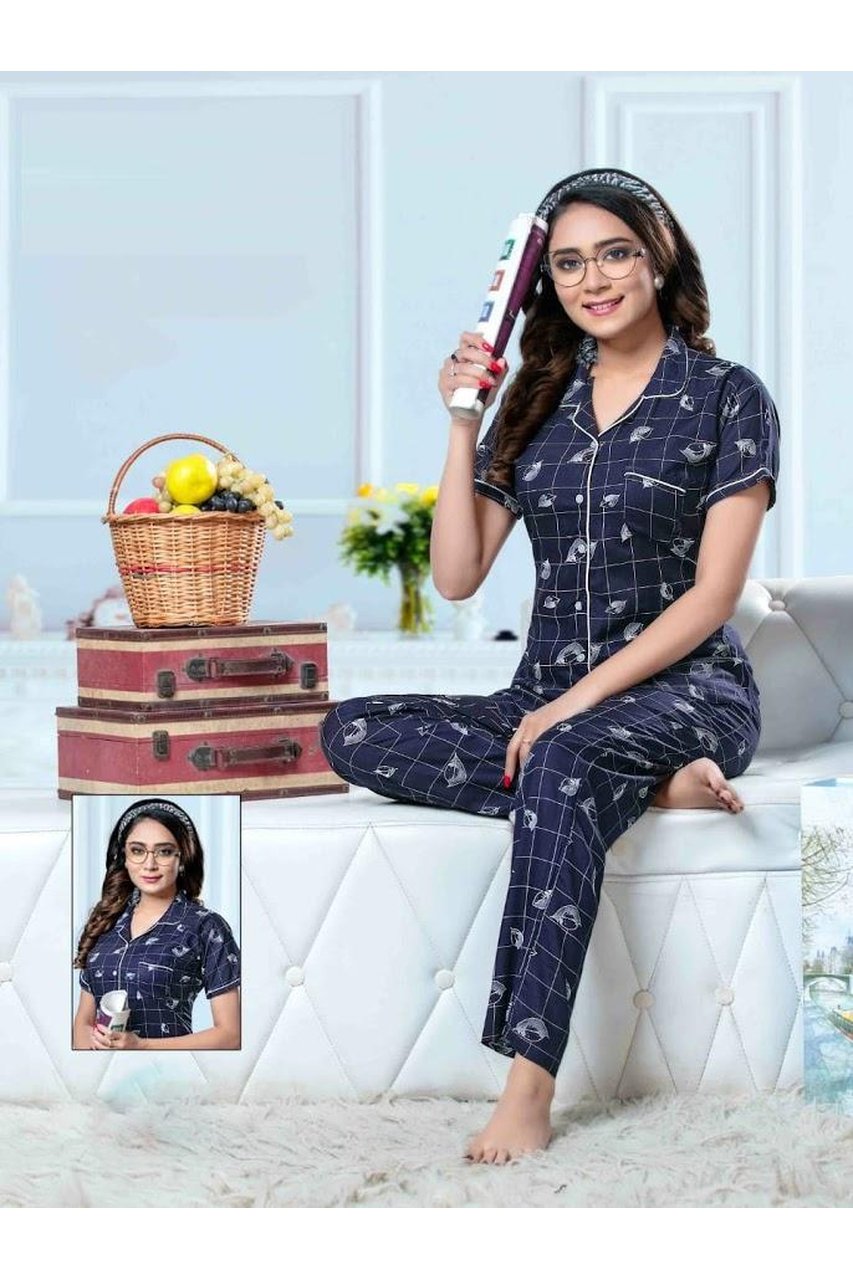 Rayon Collar Women Night Suits Dark Blue