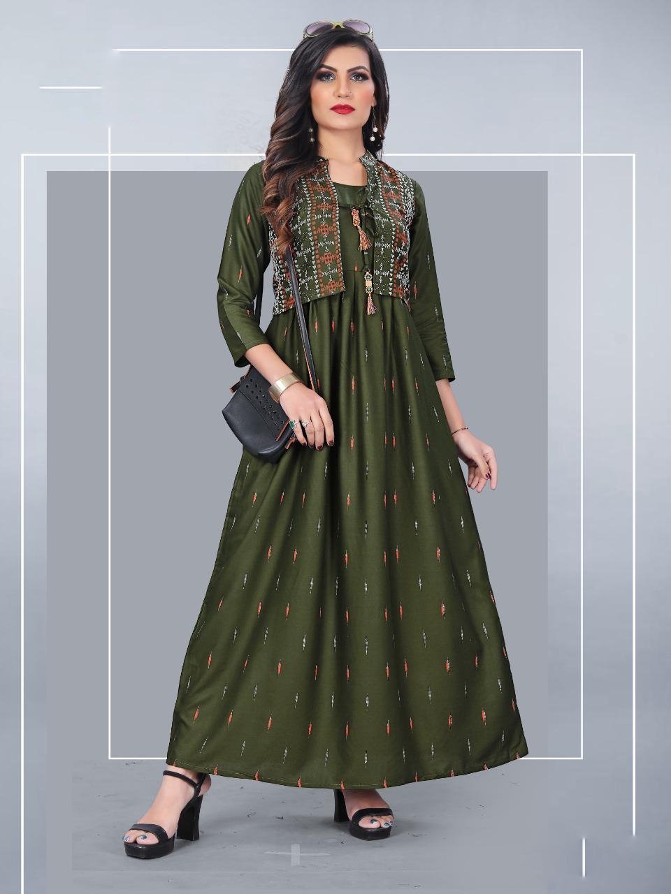 Rayon Green Women's Kurtis With Koti Set