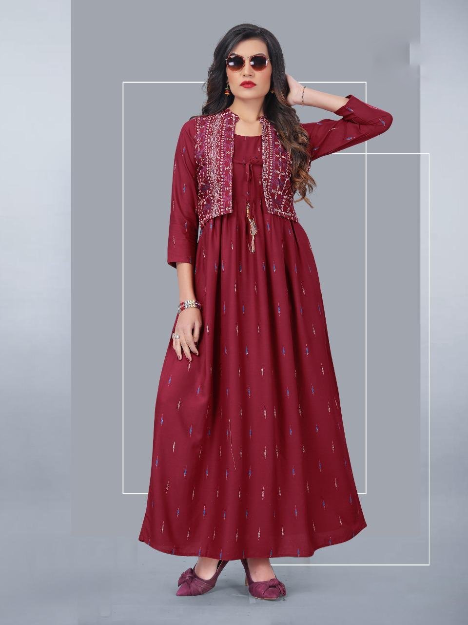 Rayon Maroon Women's Kurtis With Koti Set
