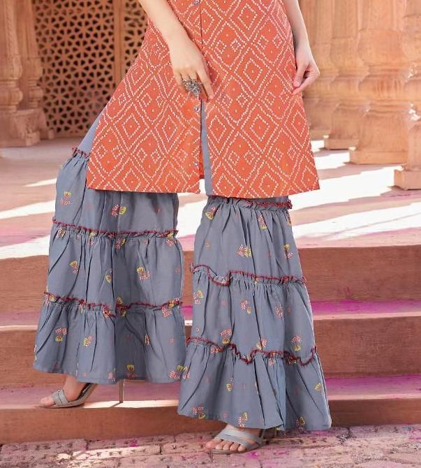 Rayon Orange Kurti with Printed Sharara Set
