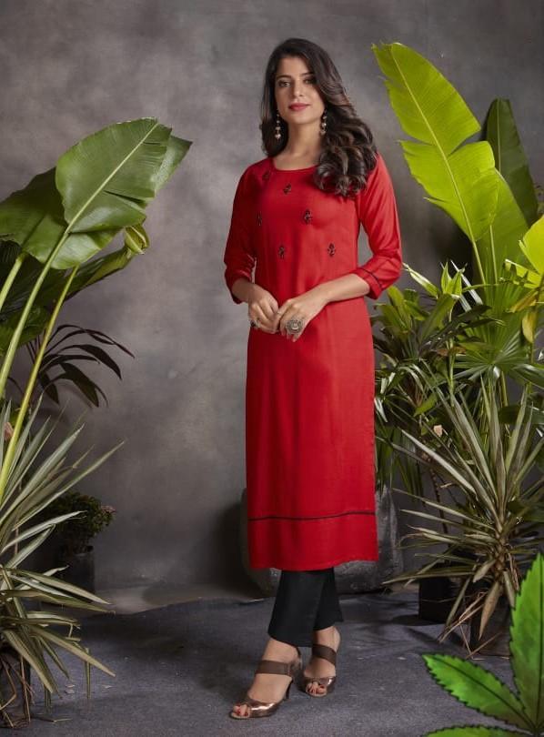 Rayon Red Kurta Pant Set with Hand Work for Women