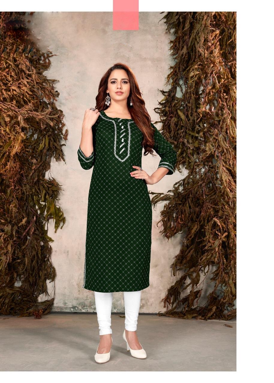 Rayon With Gota Patti Work Dark Green Kurti